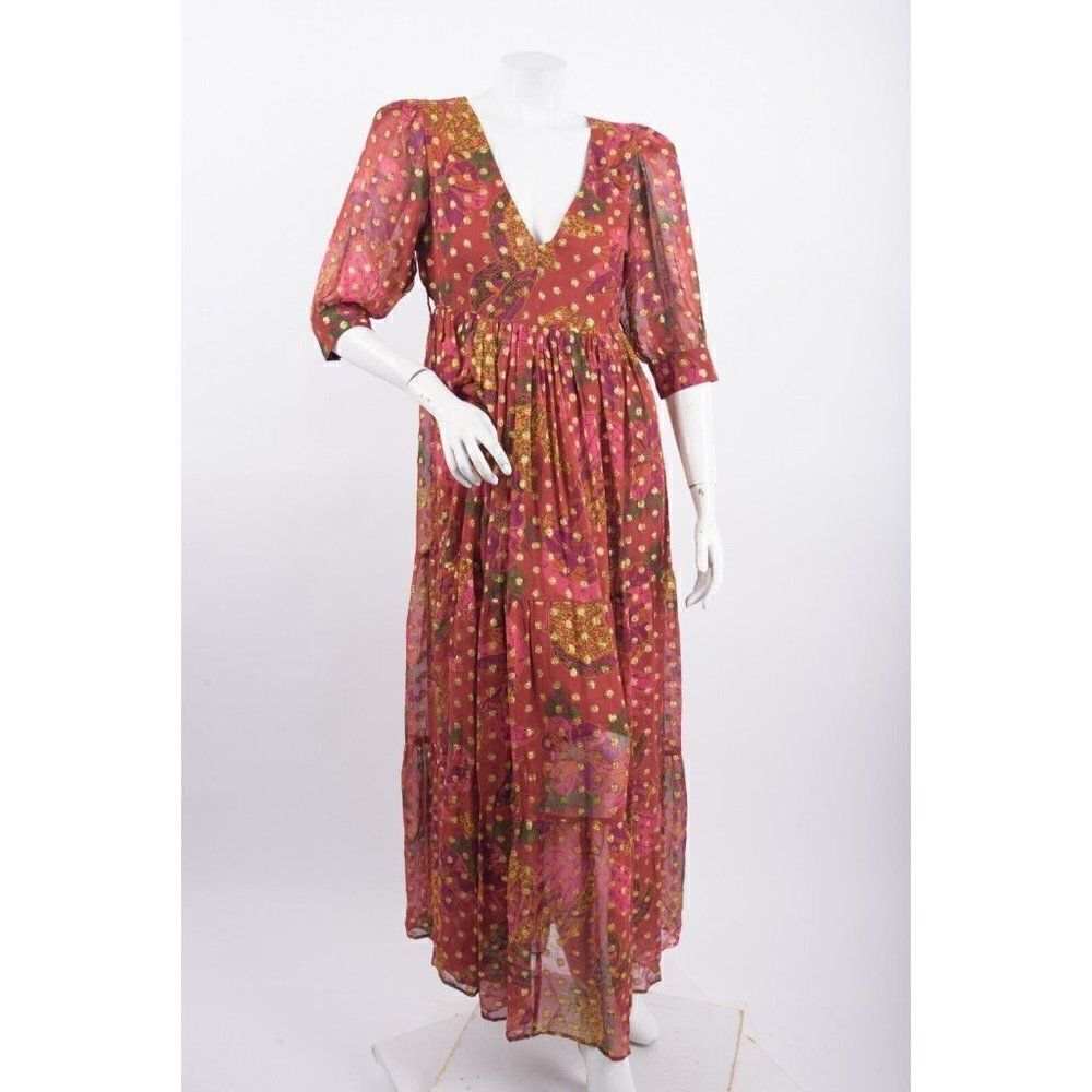 Farm Rio Womens Maxi Dress S Banana Flowers Floral Polka Dot Half Sleeve V-Neck